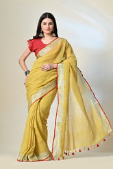 Mustard Linen saree of 6.5 mtr length, dyed with organic pomegranate in natural dyeing methods, ideal for vegan and eco-textile trend lovers.