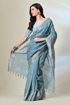 Light indigo Linen saree dyed with natural Neeli, perfect for eco-friendly traditional wear, available for online purchase.