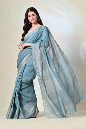 Light indigo Linen saree dyed with natural Neeli, perfect for eco-friendly traditional wear, available for online purchase.