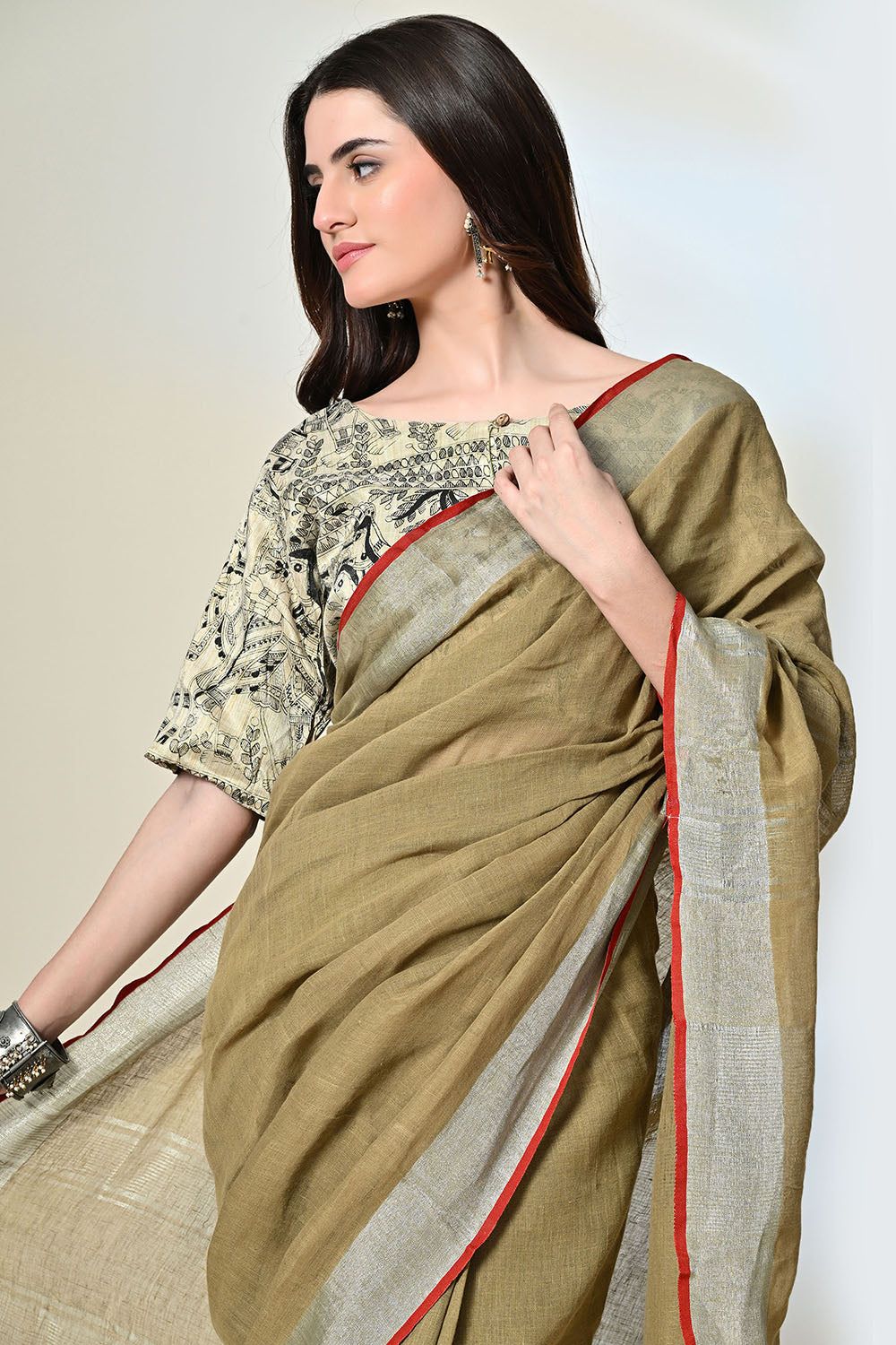 Mustard linen saree with red border, handloom made, dyed eco-friendly with pomegranate, designed with ethnic prints