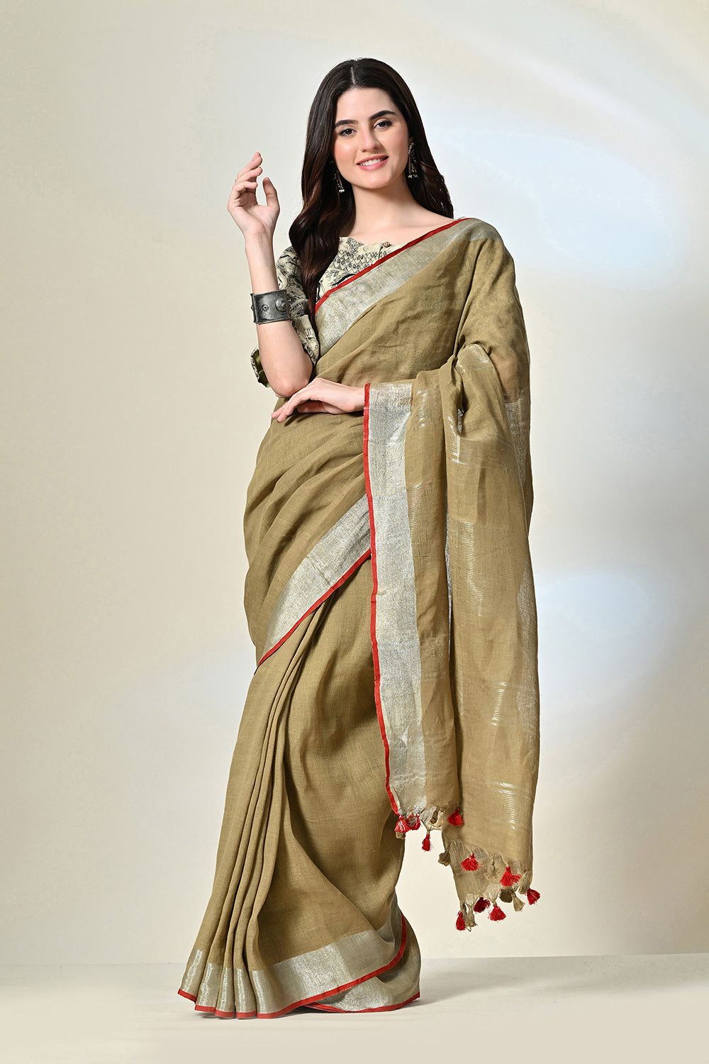 Mustard linen saree with red border, handloom made, dyed eco-friendly with pomegranate, designed with ethnic prints