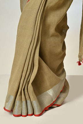 Mustard linen saree with red border, handloom made, dyed eco-friendly with pomegranate, designed with ethnic prints