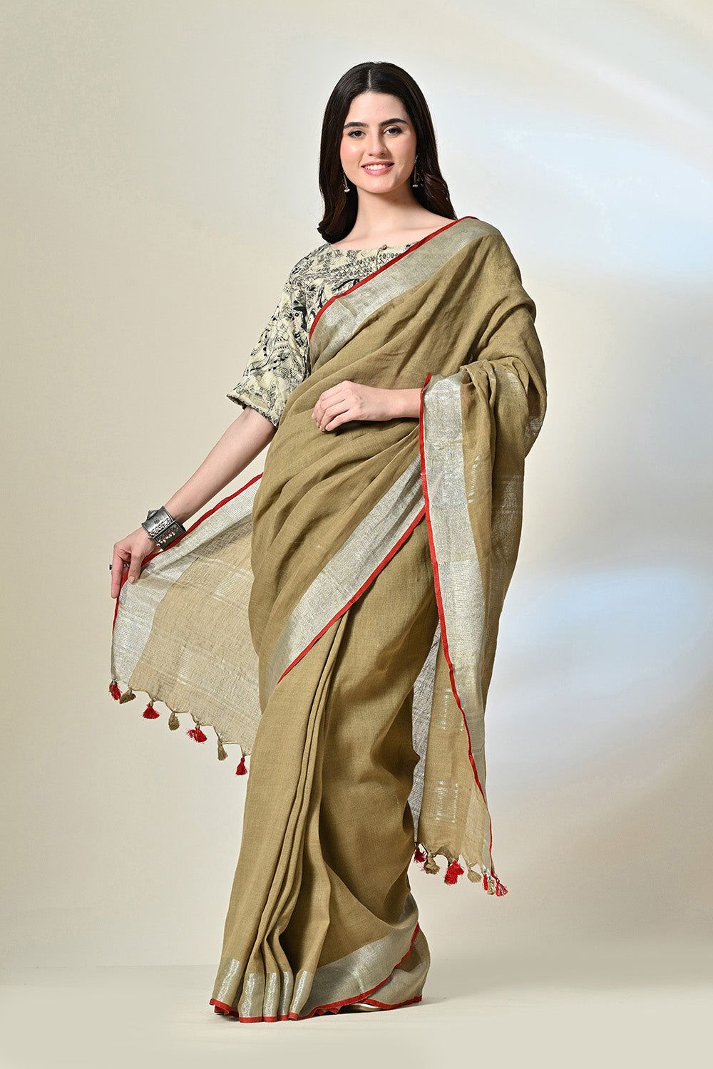 Mustard linen saree with red border, handloom made, dyed eco-friendly with pomegranate, designed with ethnic prints