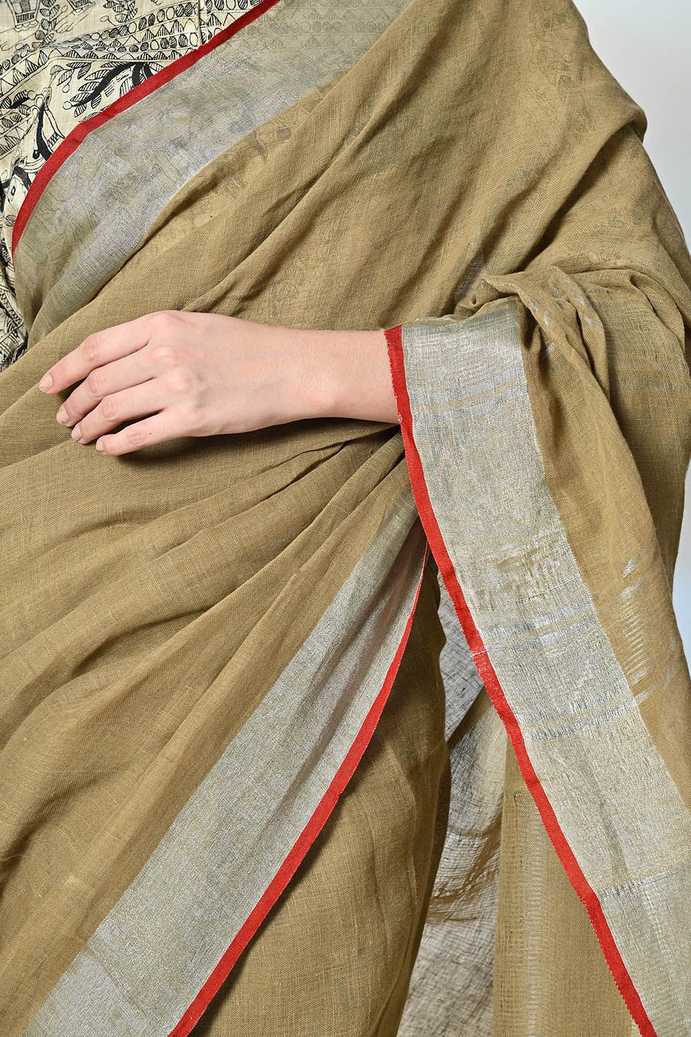 Mustard linen saree with red border, handloom made, dyed eco-friendly with pomegranate, designed with ethnic prints