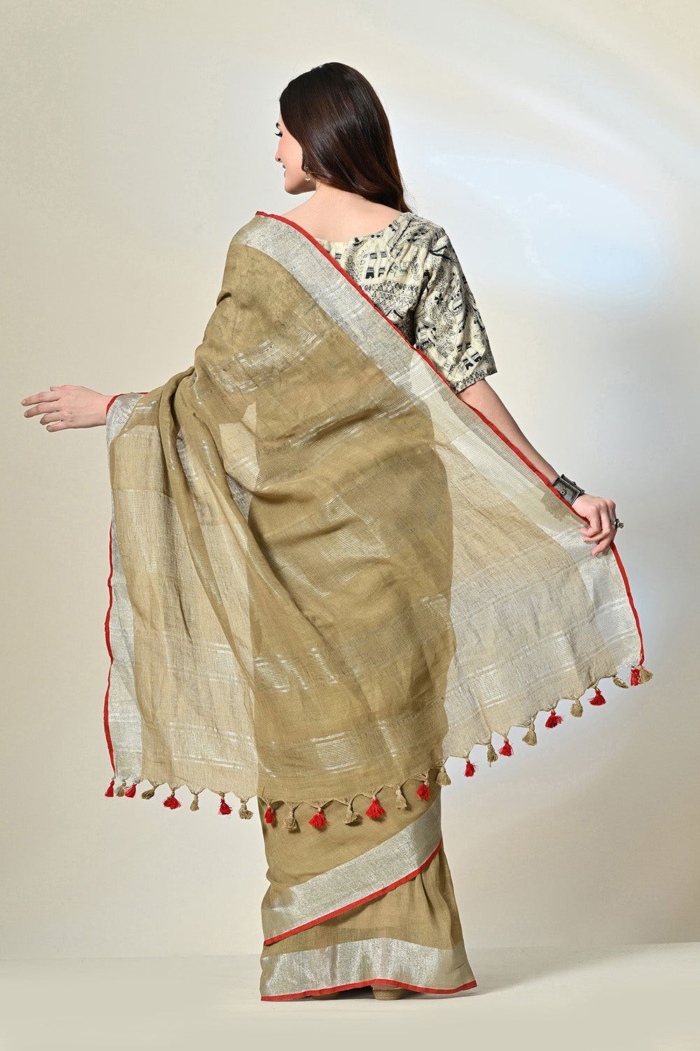 Mustard linen saree with red border, handloom made, dyed eco-friendly with pomegranate, designed with ethnic prints