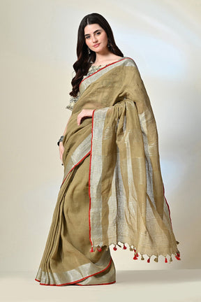 Mustard linen saree with red border, handloom made, dyed eco-friendly with pomegranate, designed with ethnic prints