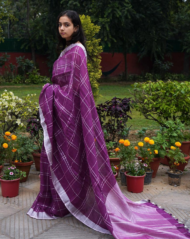 Purple Colour Check Design   Linen Saree