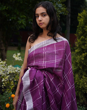 Purple Colour Check Design   Linen Saree