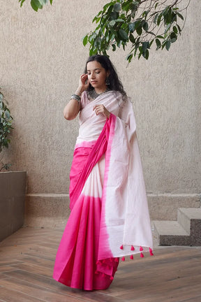 "MUL COTTON WHITE PINK MULTICOLOUR DYED SAREE