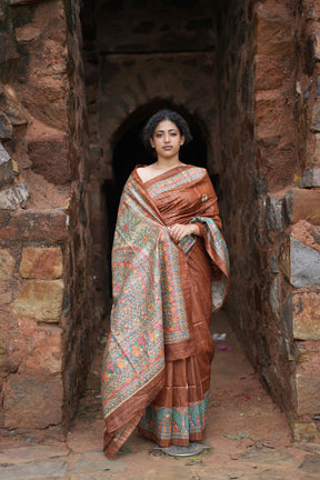 Handloom Tussar Silk Madhubani Saree: Rust Tone with Traditional Motif