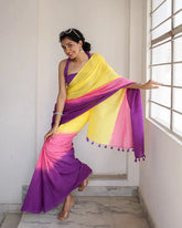 Mul Cotton Yellow Purple Multicolour Dyed Saree