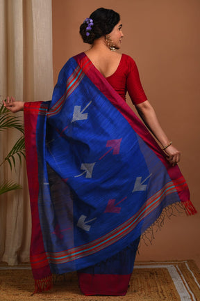 Handloom Blue Color Natural Tussar Silk Saree with Weaved border