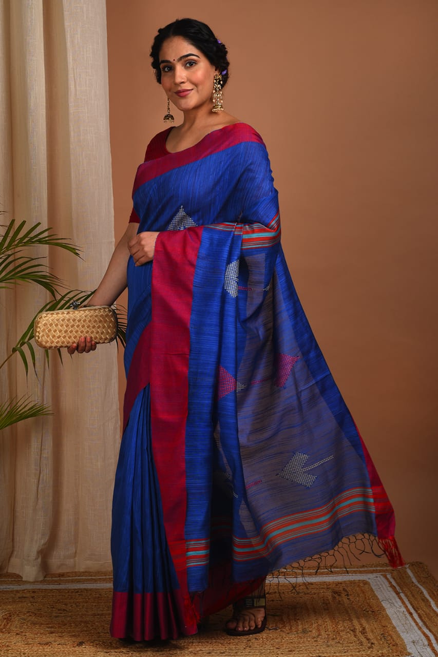 Handloom Blue Color Natural Tussar Silk Saree with Weaved border