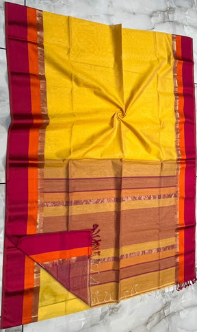Yellow Maheshwari Silk Saree with Magenta Zari Border
