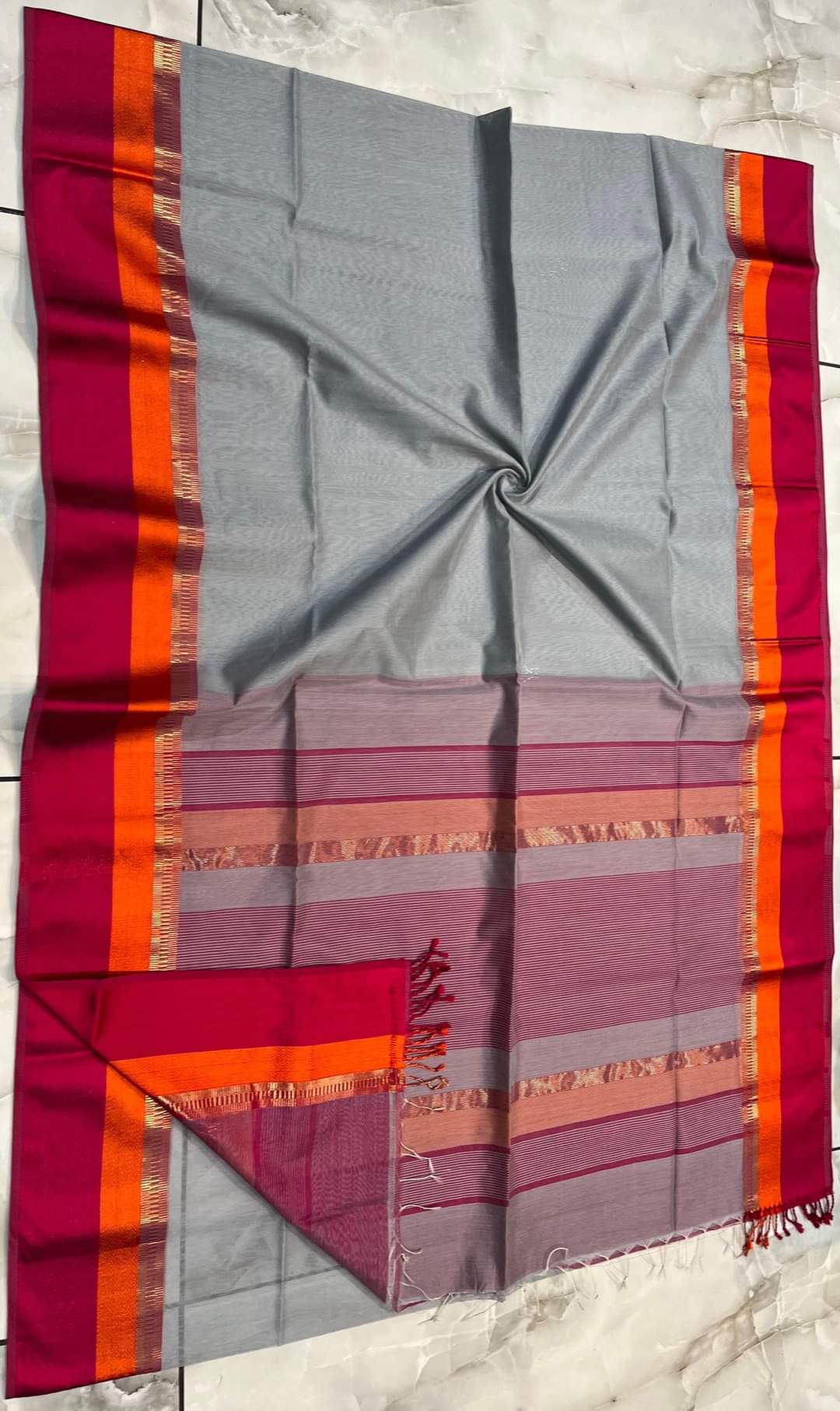 Ash Grey Maheshwari Silk Saree with Magenta Border