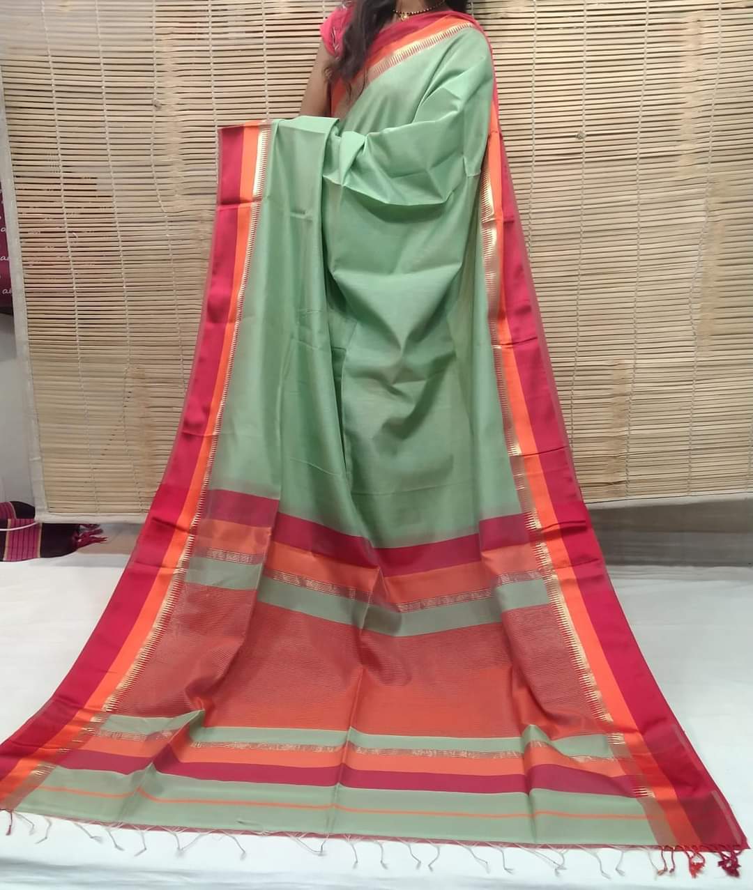 Ash Grey Maheshwari Silk Saree with Magenta Border