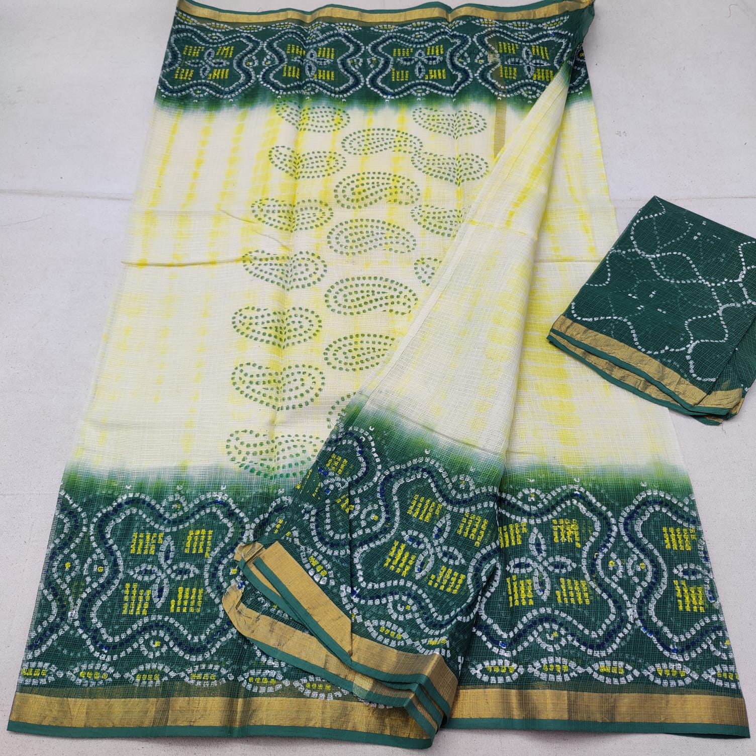 Green & Yellow  Border Art Motif  Block Printed Cotton Slub Saree: