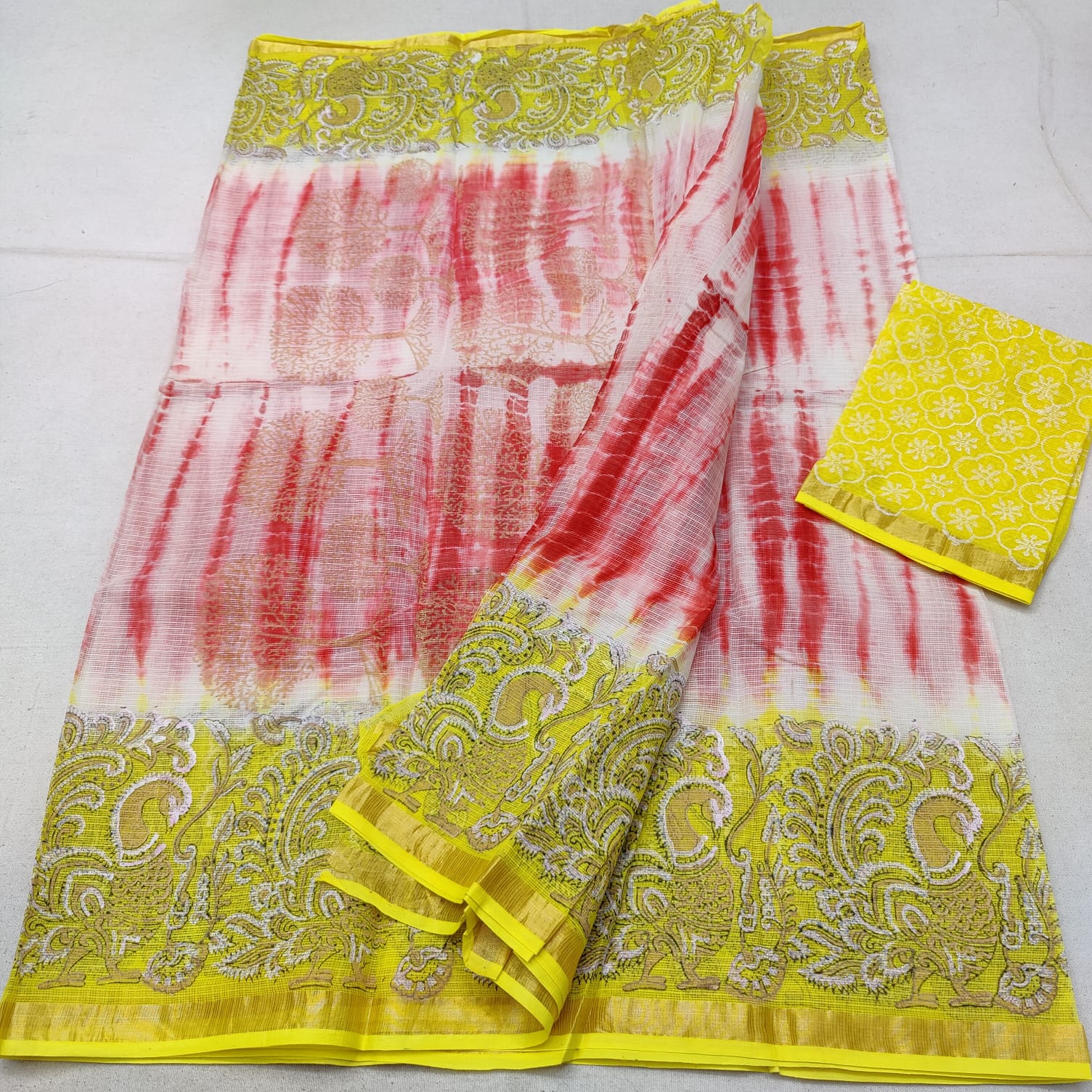 Elegant Yellow Border Block Printed Cotton Slub Saree