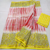 Yellow Border Block Printed Cotton Slub Saree:
