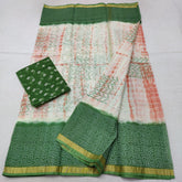 Geometical Pattern Green Border Contrast Body Block Printed Cotton Slub Saree: