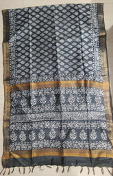 Beautiful  Grey Colour Motif Border &  Block Printed Cotton Slub Saree: