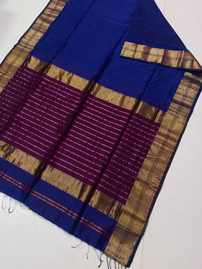 Royal Blue Maheshwari Silk Saree with Handwoven Gold Zari Border & Wine Striped Pallu