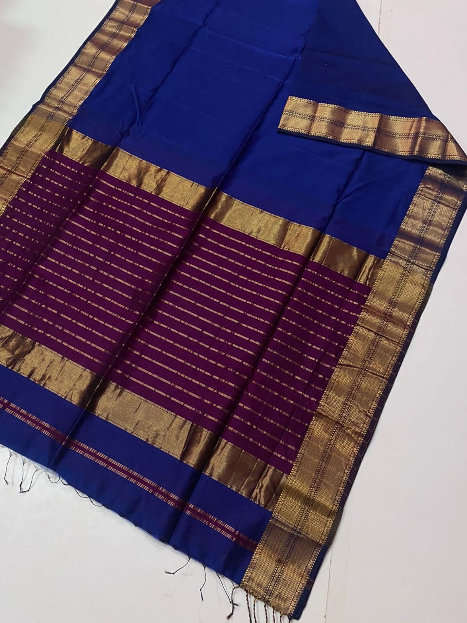 Royal Blue Maheshwari Silk Saree with Handwoven Gold Zari Border & Wine Striped Pallu