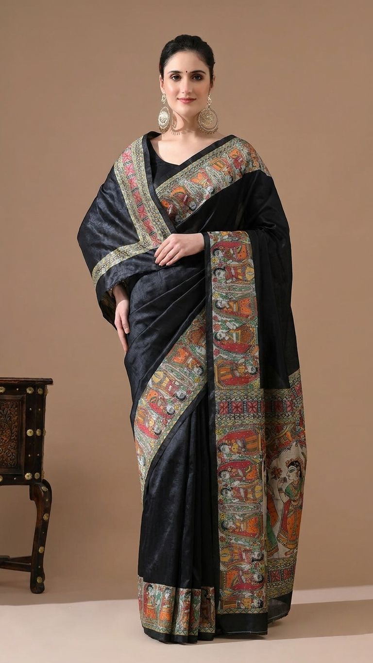 Black Madhubani Silk Saree