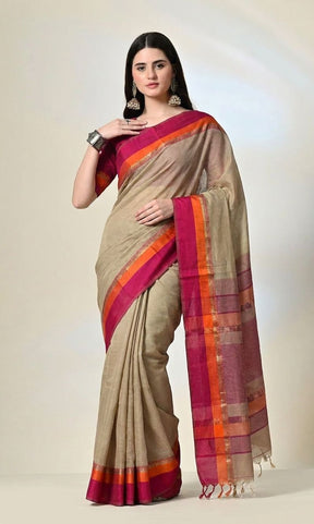 Champagne Beige Maheshwari Silk Saree with Magenta Border