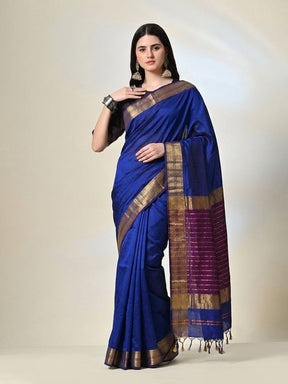 Royal Blue Maheshwari Silk Saree with Handwoven Gold Zari Border & Wine Striped Pallu