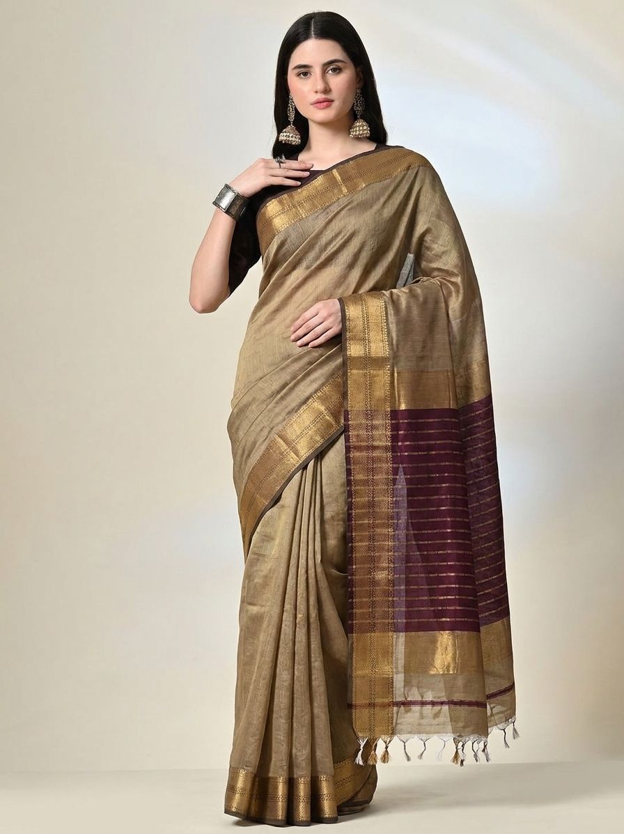 Beige Maheshwari Silk Saree with Handwoven Gold Zari Border & Wine Striped Pallu