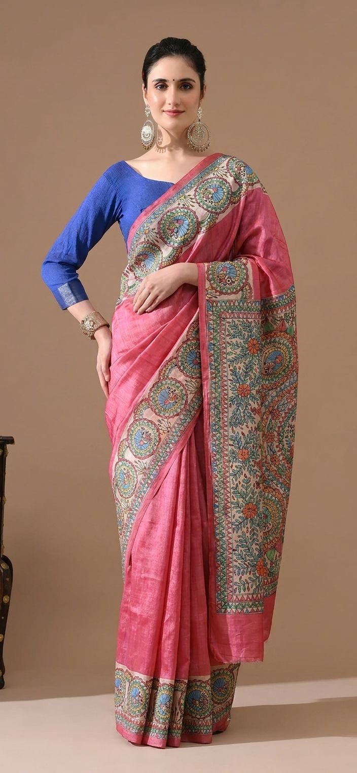 Rose Pink Madhubani Silk Saree