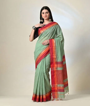 Ash Grey Maheshwari Silk Saree with Magenta Border