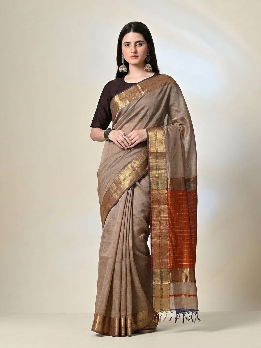 Taupe Beige Maheshwari Silk Saree with Handwoven Gold Zari Border & Burnt Orange Striped Pallu