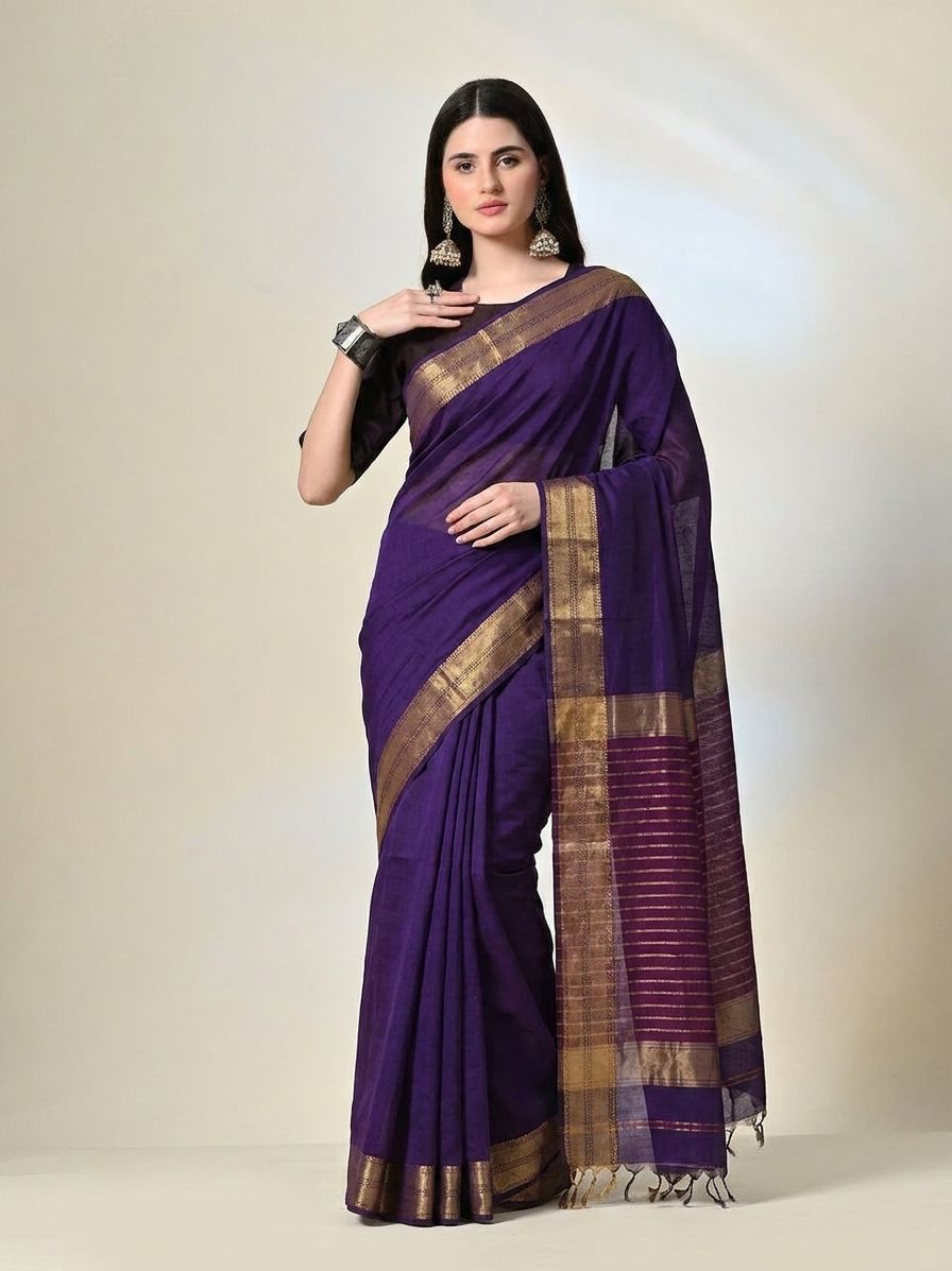 Royal Purple Maheshwari Silk Saree with Handwoven Gold Zari Border