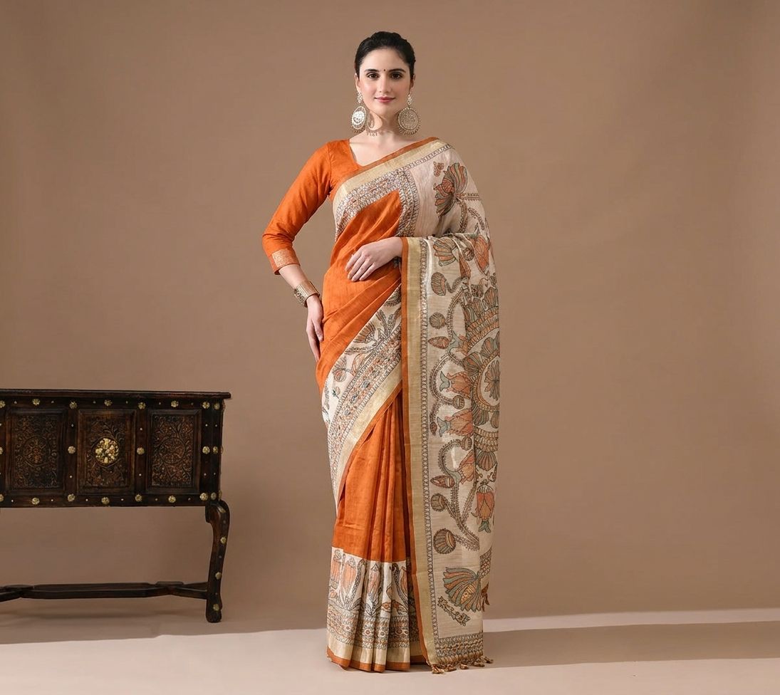 Rust Orange Madhubani Silk Saree