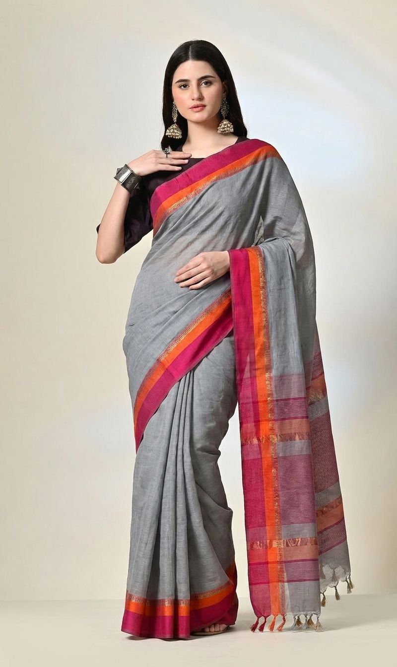 Ash Grey Maheshwari Silk Saree with Magenta Border