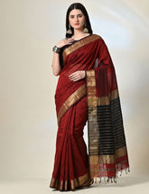 Deep Maroon Maheshwari Silk Saree with Handwoven Gold Zari Border & Charcoal Black Striped Pallu