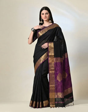 Classic Black Maheshwari Silk Saree with Handwoven Gold Zari Border & Royal Purple Pallu