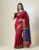 Ruby Pink Maheshwari Silk Saree with Handwoven Gold Zari Border & Royal Blue Striped Pallu