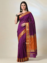 Royal Purple Maheshwari Silk Saree with Handwoven Gold Zari Border & Rust Orange Pallucloth