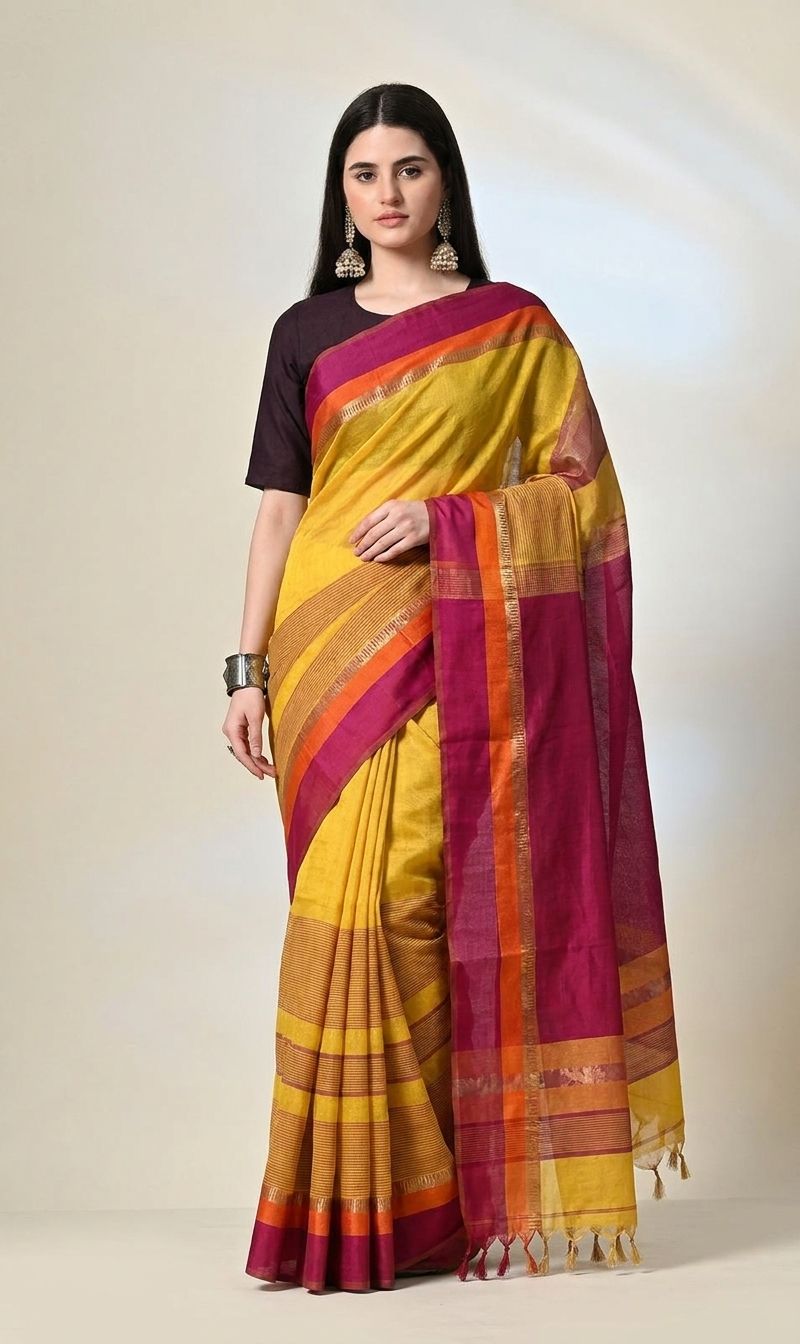 Yellow Maheshwari Silk Saree with Magenta Zari Border