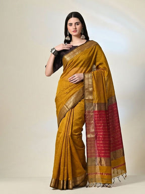 Mustard Yellow Maheshwari Silk Saree with Handwoven Gold Zari Border
