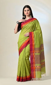 Lime Green Maheshwari Silk Saree with Magenta Border & Handwoven Zari Pallu