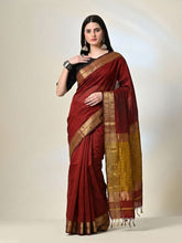 Deep Maroon Maheshwari Silk Saree with Handwoven Gold Zari Border & Mustard Gold Pallu