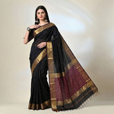 lassic Black Maheshwari Silk Saree with Handwoven Gold Zari Border & Maroon Pallu