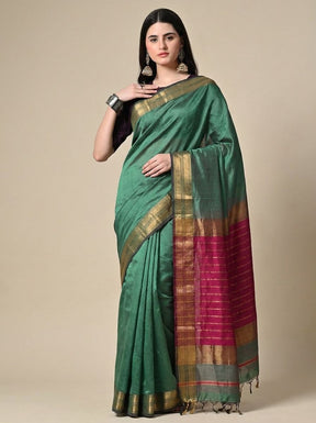Sage Green Maheshwari Silk Saree with Handwoven Gold Zari Border & Rani Pink Pallu