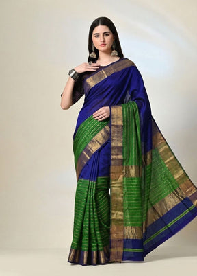 Royal Blue & Emerald Green Maheshwari Silk Saree with Handwoven Gold Zari Border