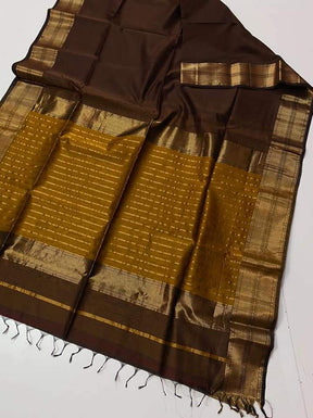 Brown Maheshwari Silk Saree with Handwoven Gold Zari Border