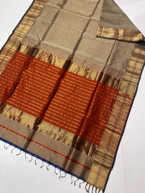 Taupe Beige Maheshwari Silk Saree with Handwoven Gold Zari Border & Burnt Orange Striped Pallu